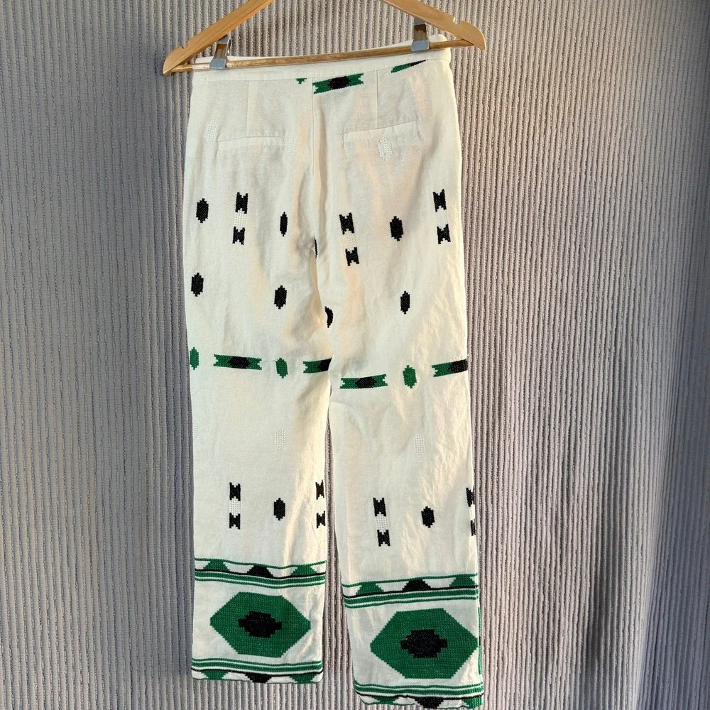 Zara Embroidered Linen Blend Pants Women Straight Leg Pants White Green XS‎